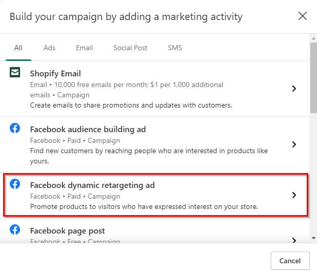 shopify facebook dynamic retargeting ad