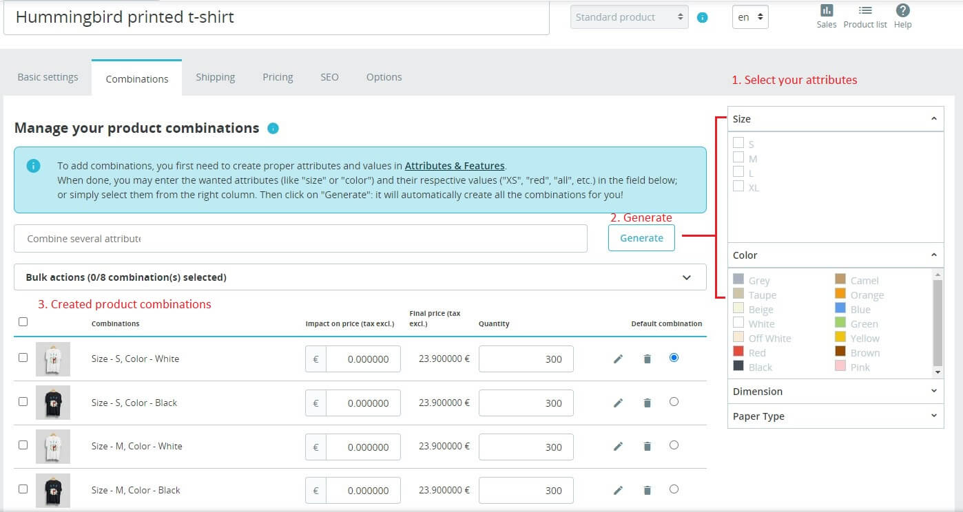 prestashop attributes selection
