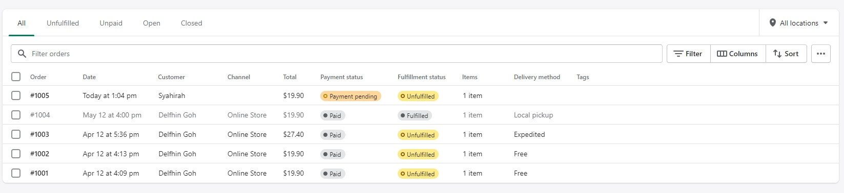 shopify's order dashboard