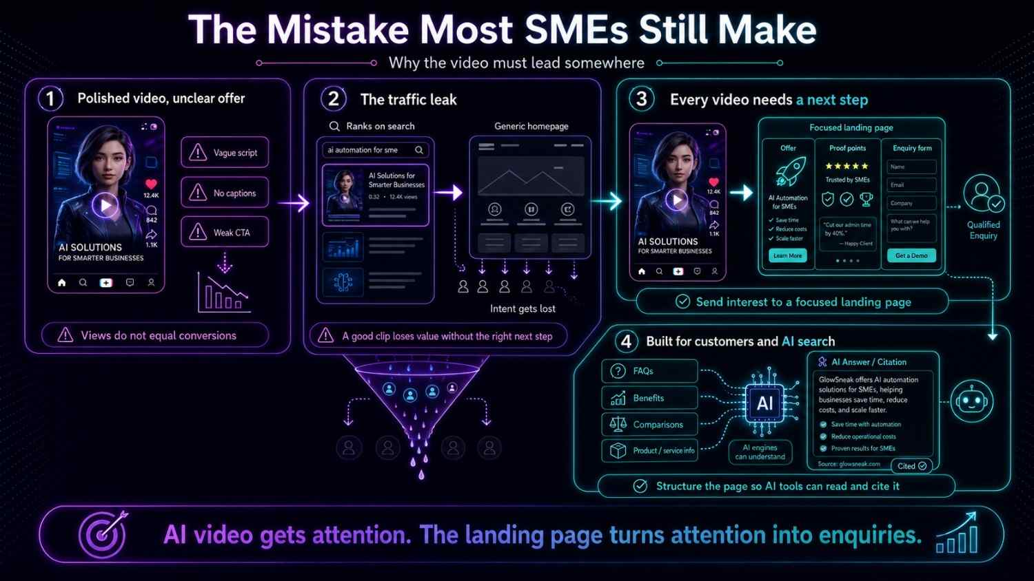 An infographic showing why AI-generated videos need optimized landing pages with clear offers, CTAs, and AI-readable content to convert viewers into enquiries.