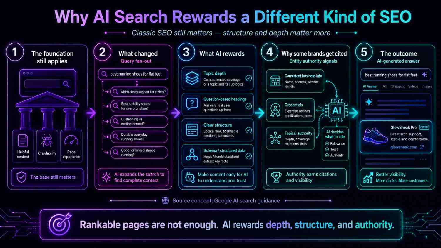 Infographic showing how AI search rewards topic depth, question-based content, clear website structure, schema markup, and strong authority signals.