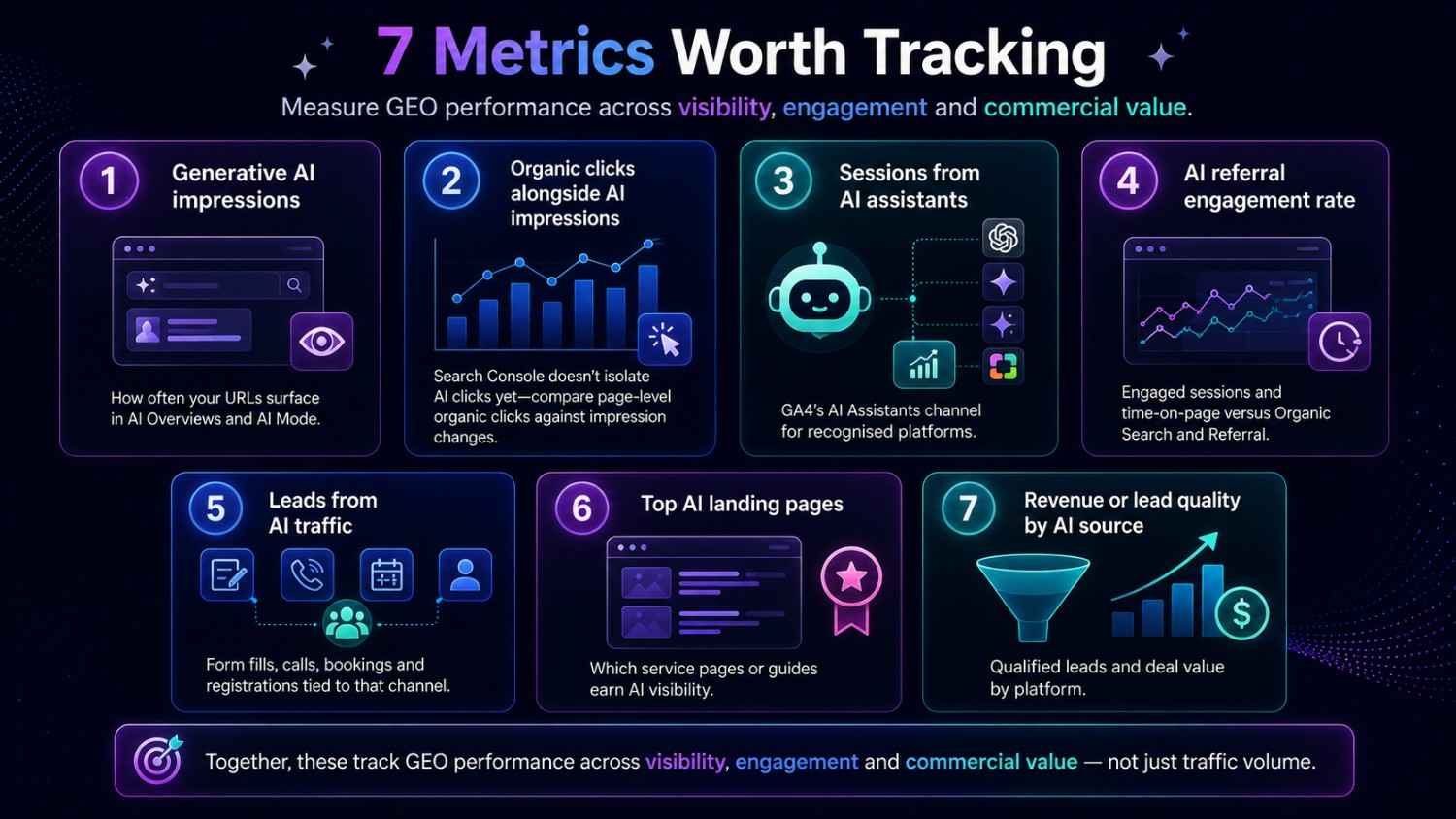Infographic showing seven AI search and GEO metrics to track, including AI impressions, referrals, leads and revenue.