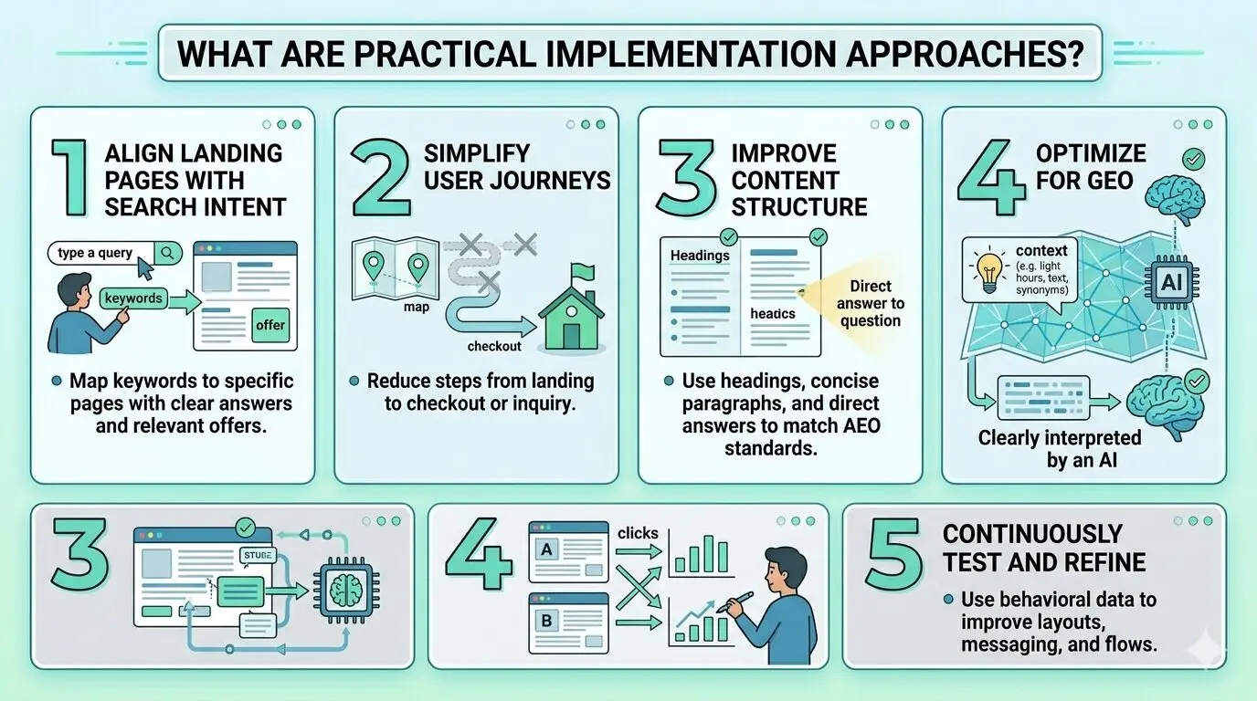 Infographic showing practical approaches to improve landing pages, user journeys, content structure, GEO and website performance.