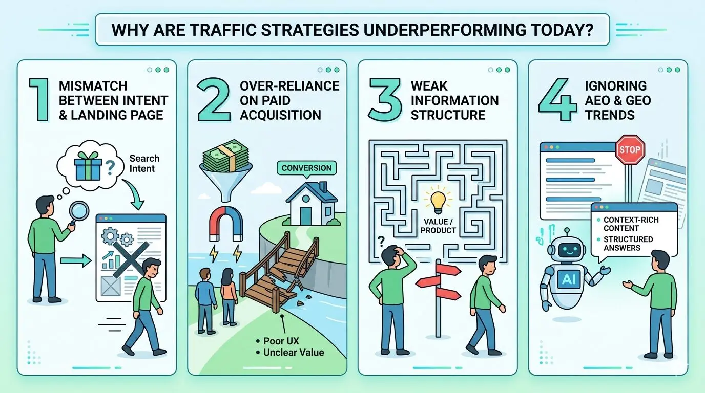 Infographic showing why website traffic strategies underperform, including search intent mismatch, poor UX, weak content structure and GEO.