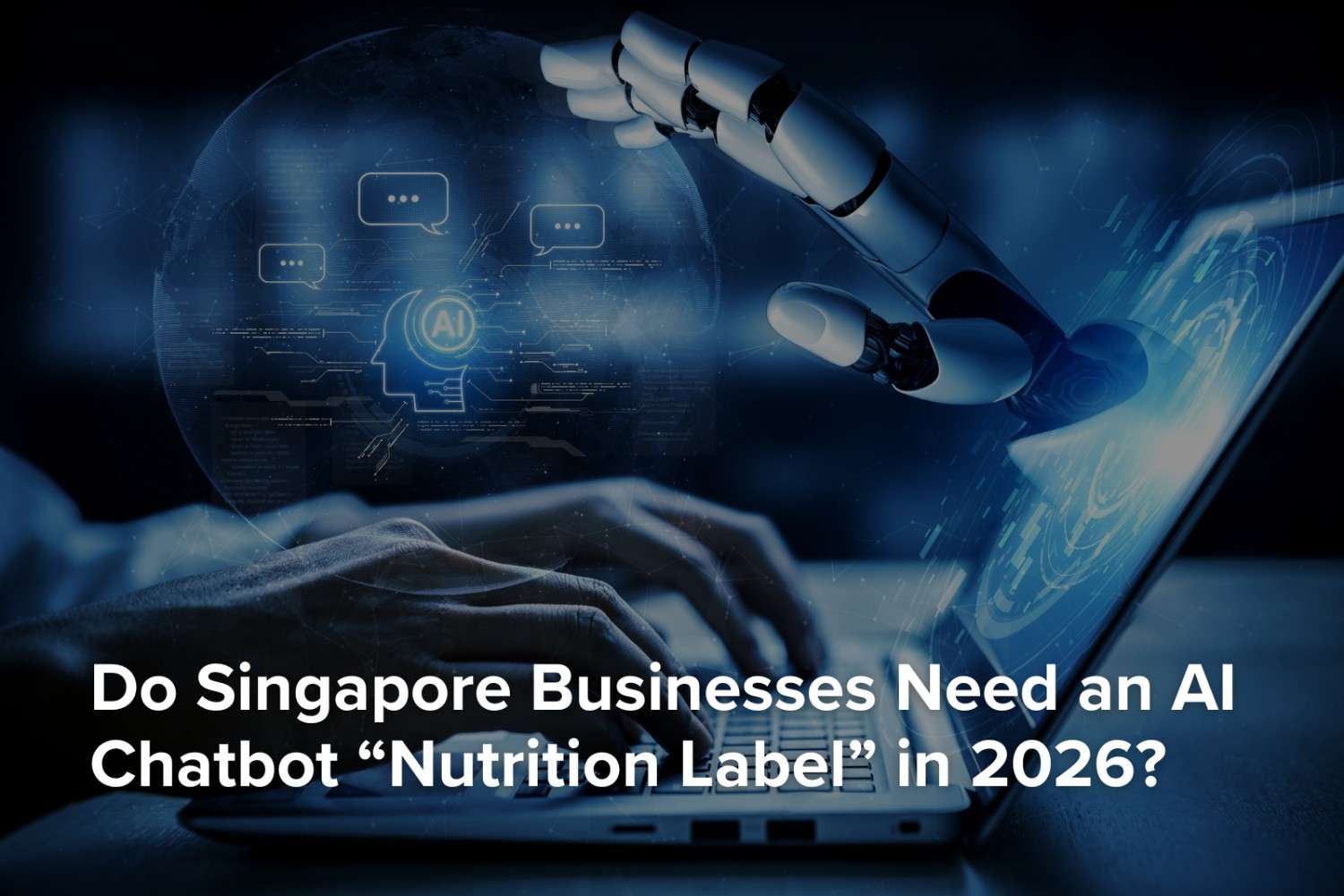 AI chatbot illustration with a business user, representing Singapore's AI chatbot transparency guidelines and the growing need for chatbot information cards in 2026.